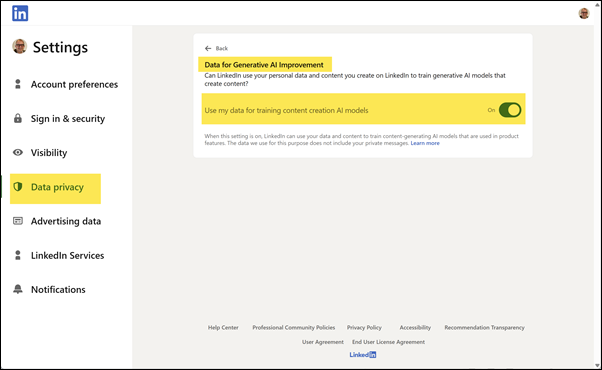 Settings, Data privacy, Data for Generative AI Improvement – LinkedIn