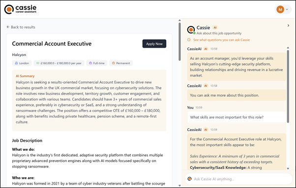 Vacaturedetailpagina + AI panel – Cassie