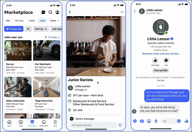 Zoekscherm, vacaturedetailscherm en chatscherm Facebook Jobs