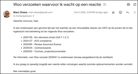 E-mail 9 oktober 2025 aan Woo-desk UWV