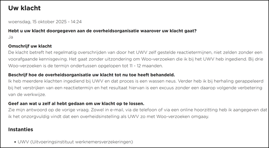 Online klacht 9 oktober 2025 aan Nationale Ombudsman