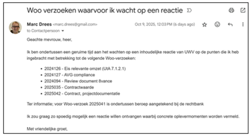E-mail 9 oktober 2025 aan Woo-desk UWV