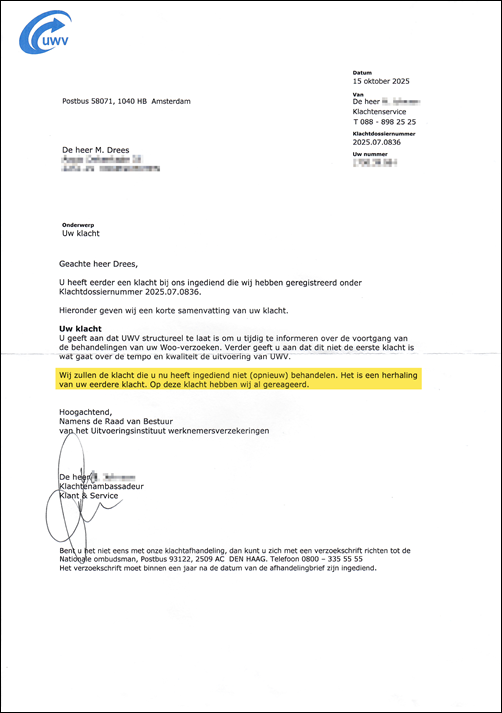 UWV reactie op klacht over vertragingen op Woo-verzoeken