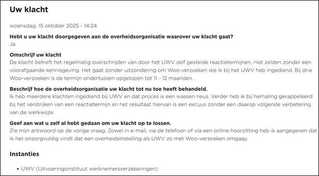 Klacht bij Nationale Ombudsman, 15 oktober 2025