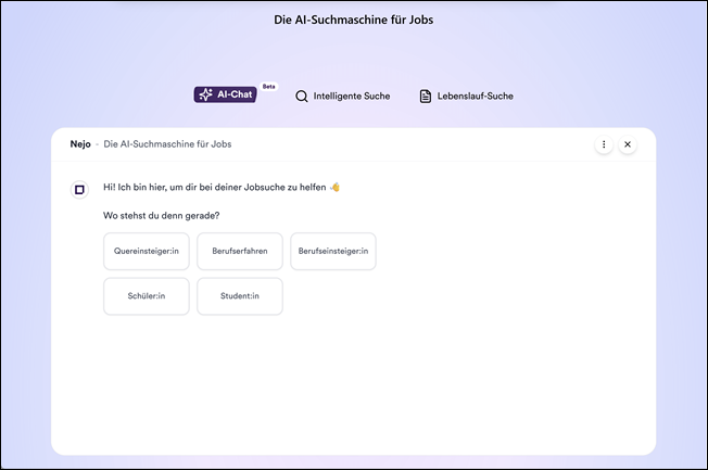 Homepage, AI-chat – Nejo