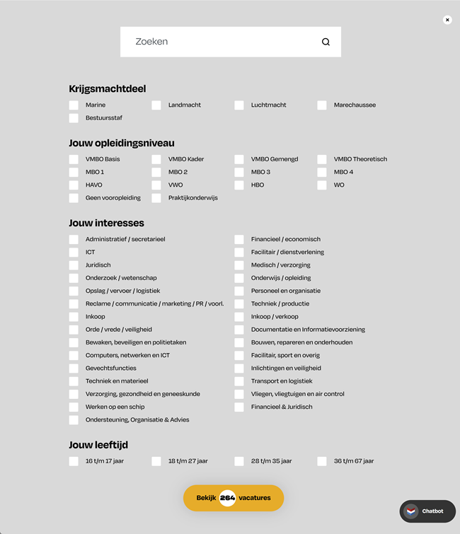 Zoekfilterscherm – Werken bij Defensie