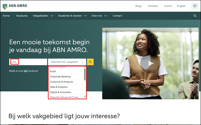 Homepage, zoekfunctie – Werken bij ABN AMRO