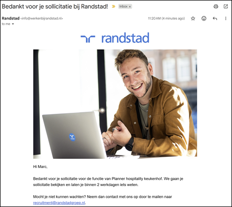 E-mail ontvangstbevestiging sollicitatie – Werken bij Randstad