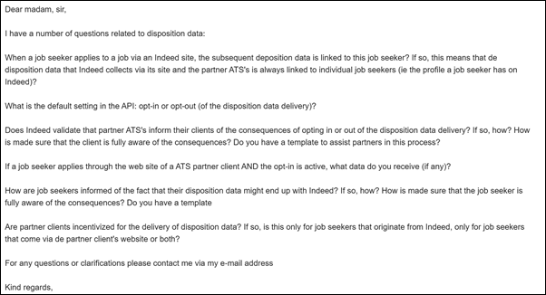E-mail met vragen over disposition data aan Indeed, 5 december 2025
