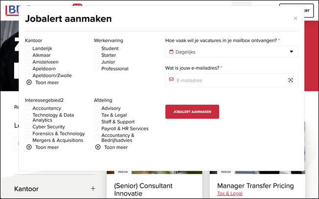 Homepage, pop-up Job-alert aanmaken &ndash; Werken bij BDO