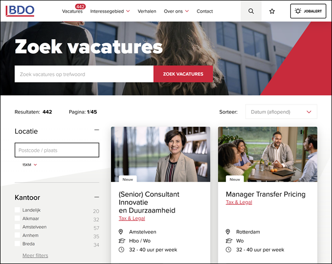 Zoekresultaatpagina, filters &ndash; Werken bij BDO