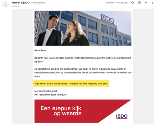 Automatische e-mail reactie op sollicitatie &ndash; Werken bij BDO