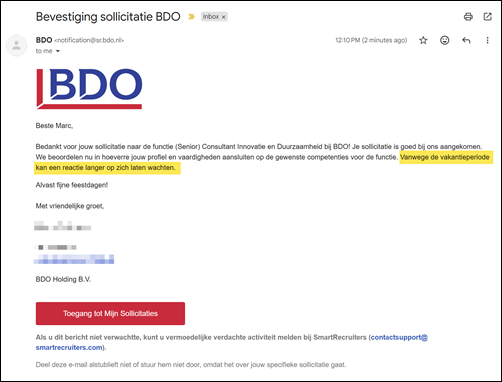 utomatische e-mail reactie op sollicitatie, 2 &ndash; Werken bij BDO