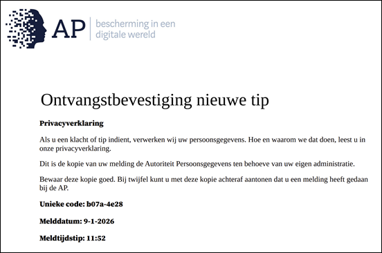Ontvangstbevestiging Autoriteit Persoonsgegevens