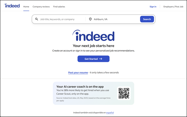 Homepage, januari 2026 &ndash; Indeed VS