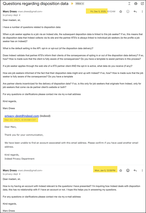 E-mail stream met Indeed privacy afdeling