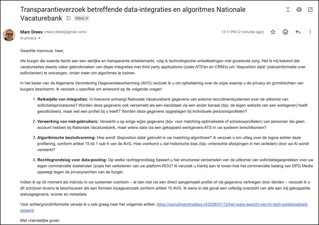 E-mail over disposition data aan Nationale Vacaturebank