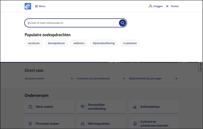 Homepage, search overlay &ndash; Werk.nl
