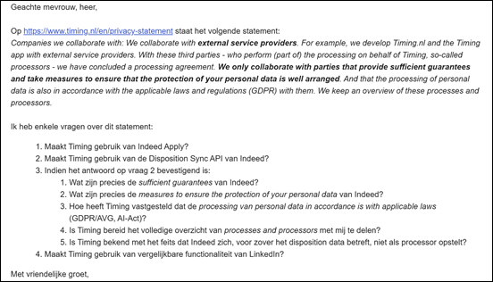 E-mail 6 maart 2026 aan Timing.nl