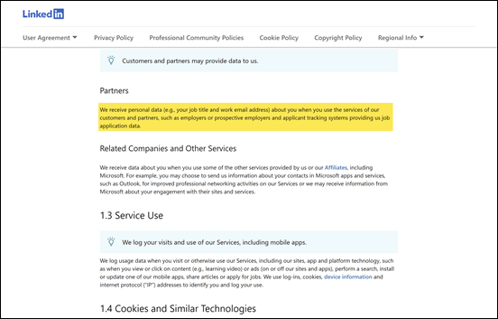 Privacy Policy, 1.2 Data from Others, Partners &ndash; LinkedIn