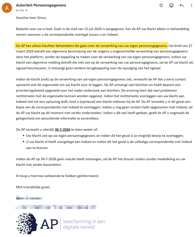 E-mail Autoriteit Persoonsgegevens, 16 juli 2026