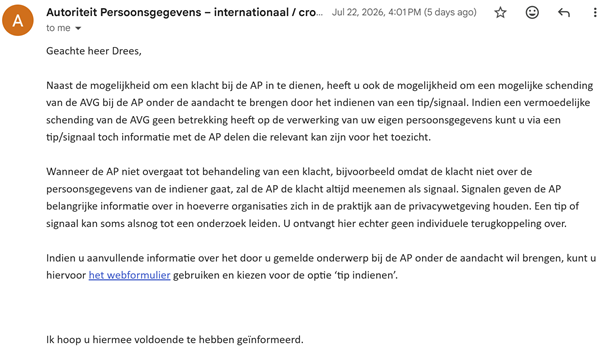 E-mail AP 22 juli 2026