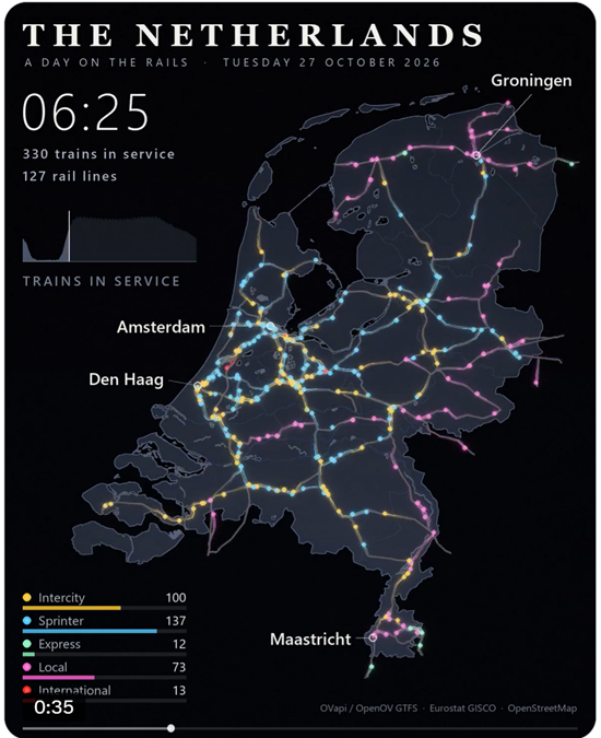 Every Dutch train, one ordinary Tuesday, from first departure to last. Every Dutch train, one ordinary Tuesday, from first departure to last.