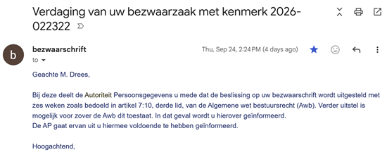 E-mail Autoriteit Persoonsgegevens, 2